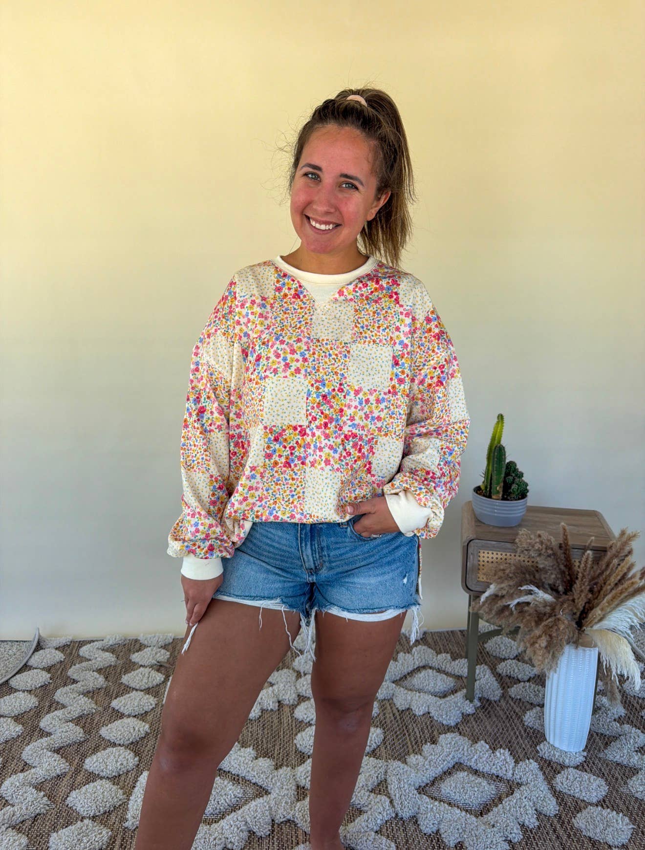 Patchwork Floral Checkered Pullover