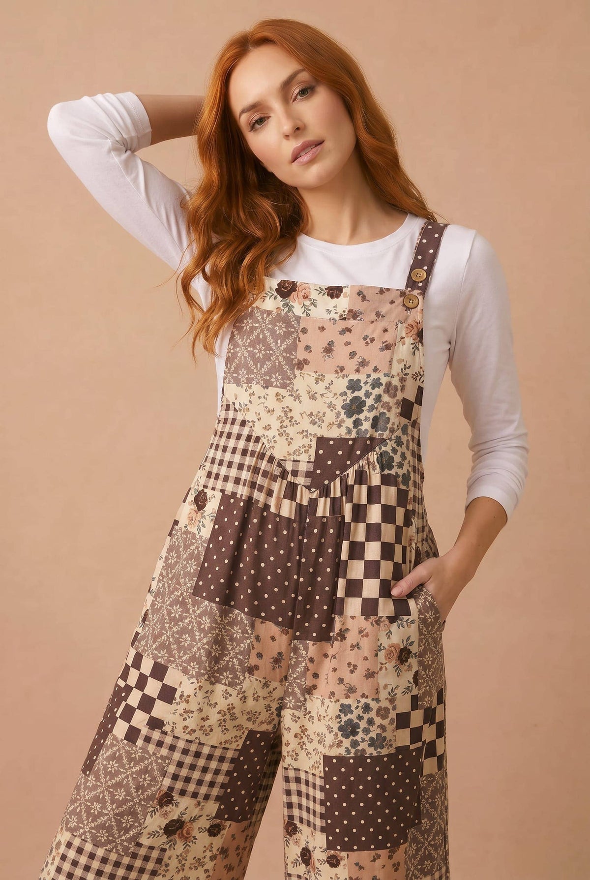 Fall Floral Patchwork Wide Leg Overalls