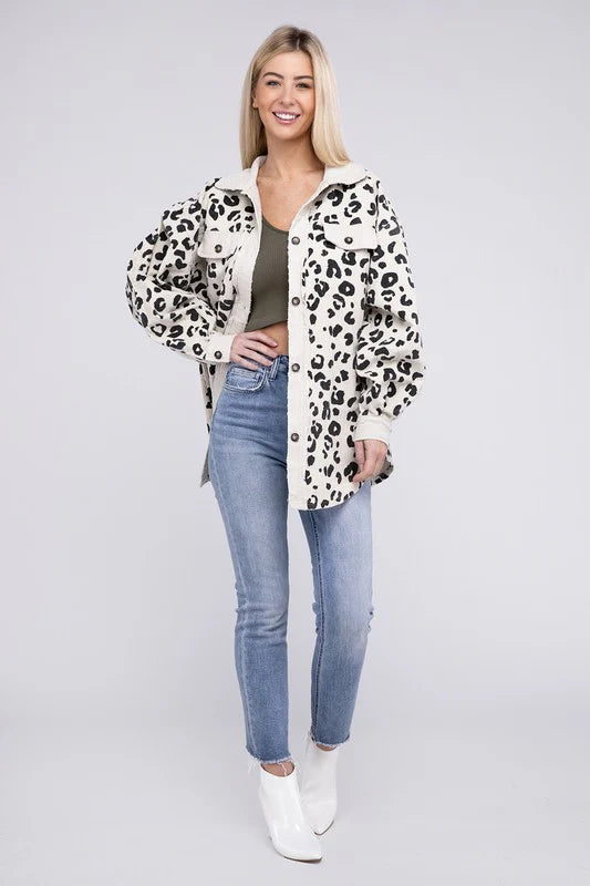 Cream Corduroy Leopard Shacket