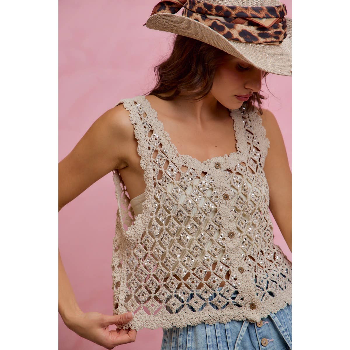 Graceful Crochet Sequin Vest
