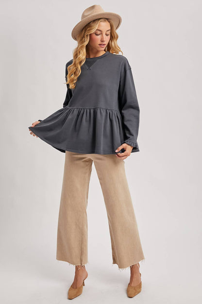 BABYDOLL PEPLUM HEM OVERISZED SWEATSHIRT
