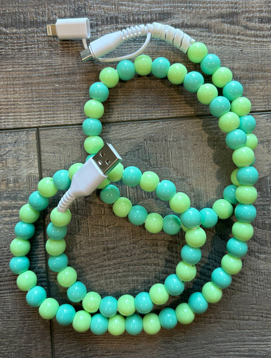 Green Beaded Phone Charger with Lightning & USB-C Cable