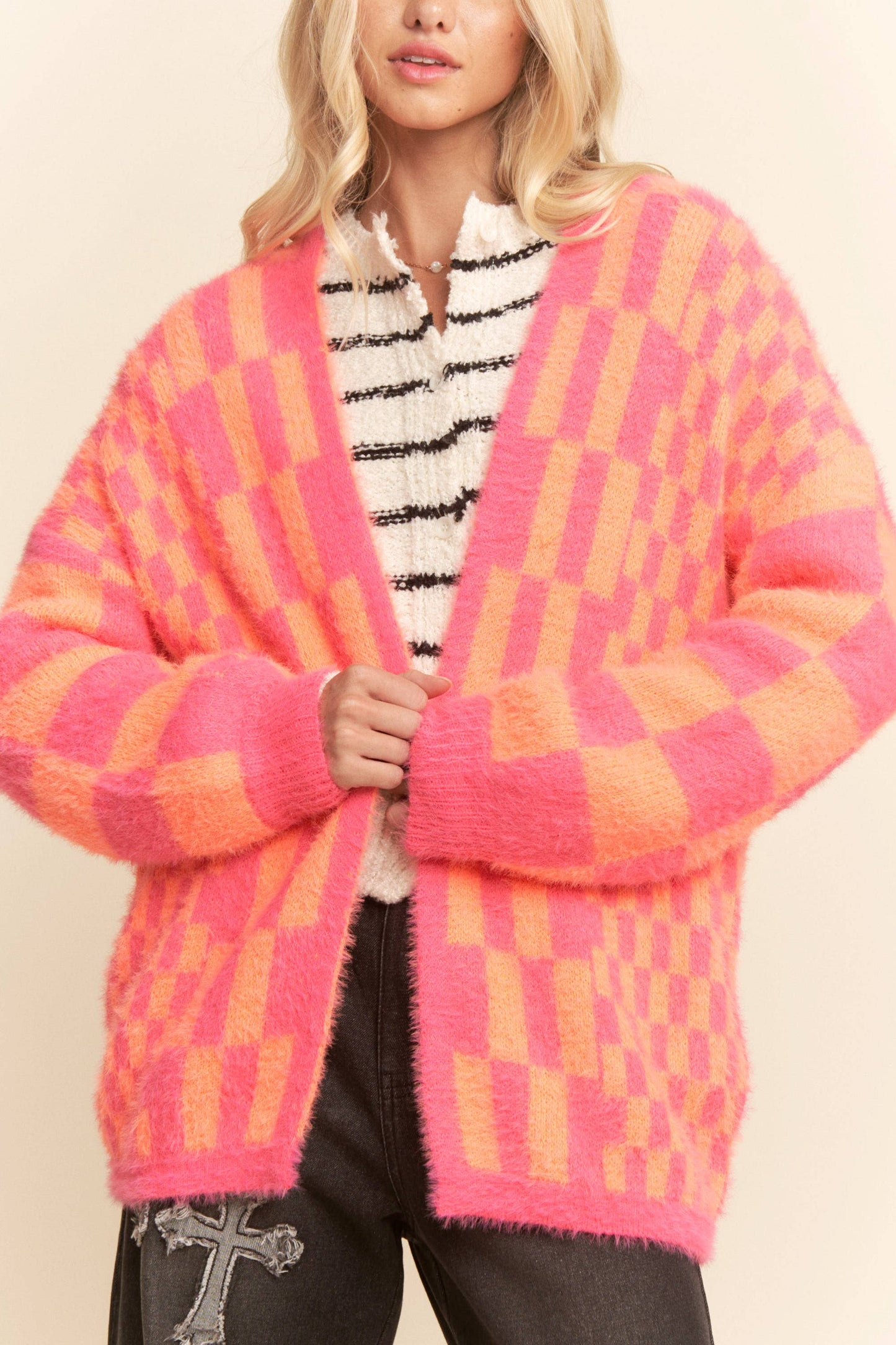 Neon Checkered Fuzzy Cardigan