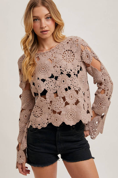 BELL SLEEVED SHEER CROCHET TOP
