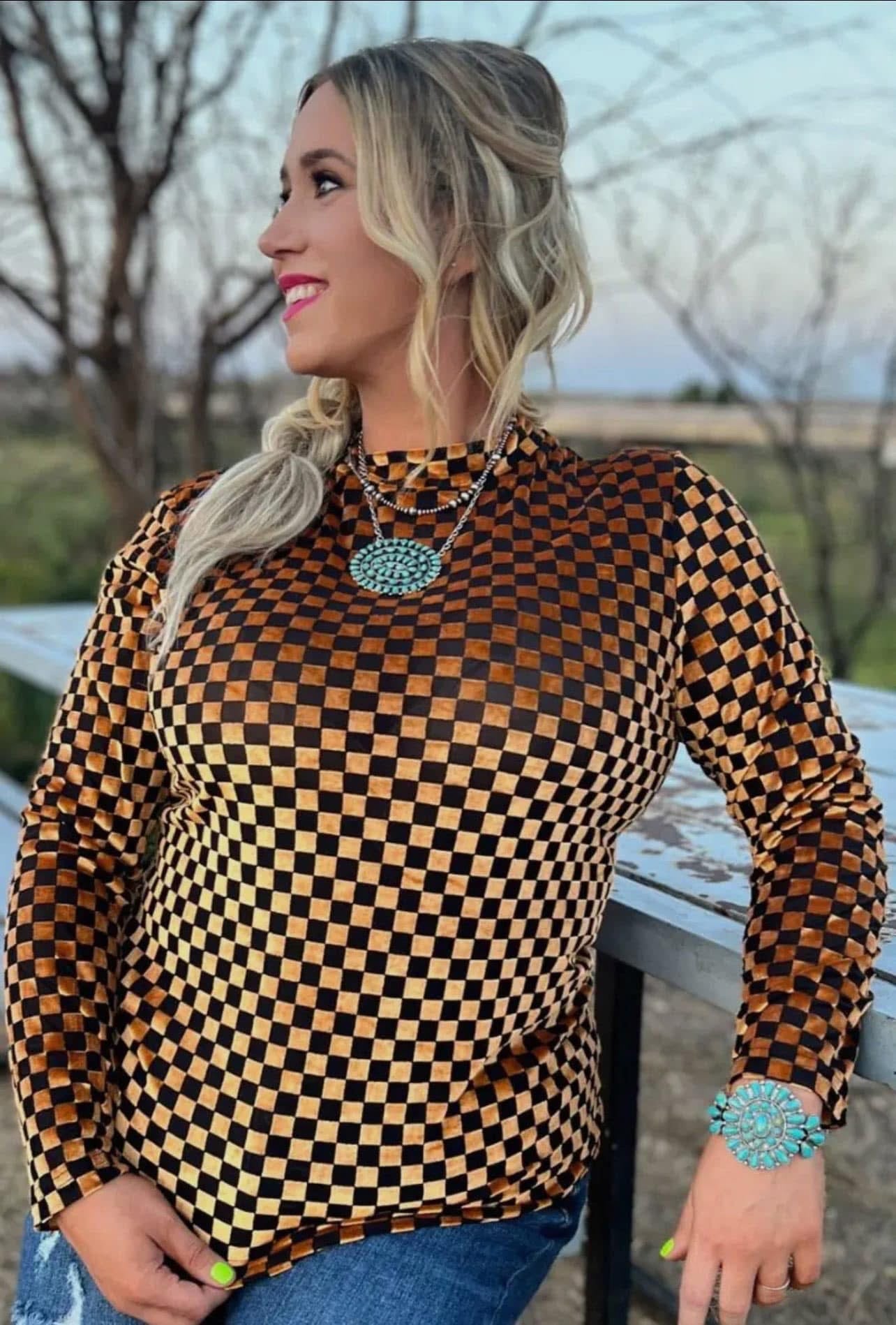 Check Mate Velvet Mesh Top