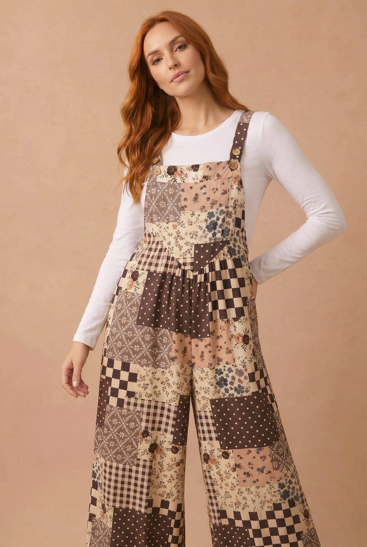 Fall Floral Patchwork Wide Leg Overalls