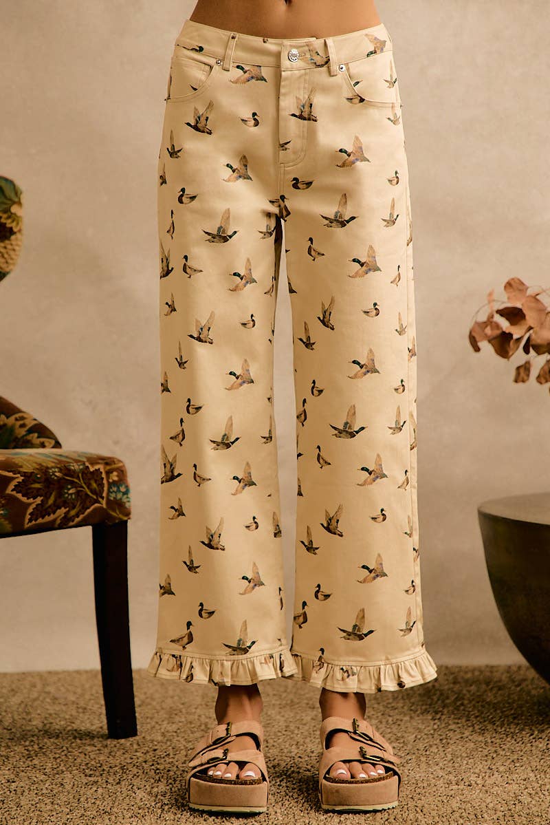 MALLARD DUCK PRINT RUFFLE LEG PANTS