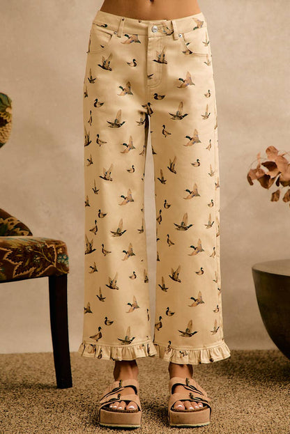 MALLARD DUCK PRINT RUFFLE LEG PANTS