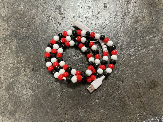 Red Black and White Beaded Phone Charger with Lightning & USB-C Cable