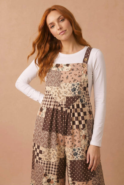 Fall Floral Patchwork Wide Leg Overalls