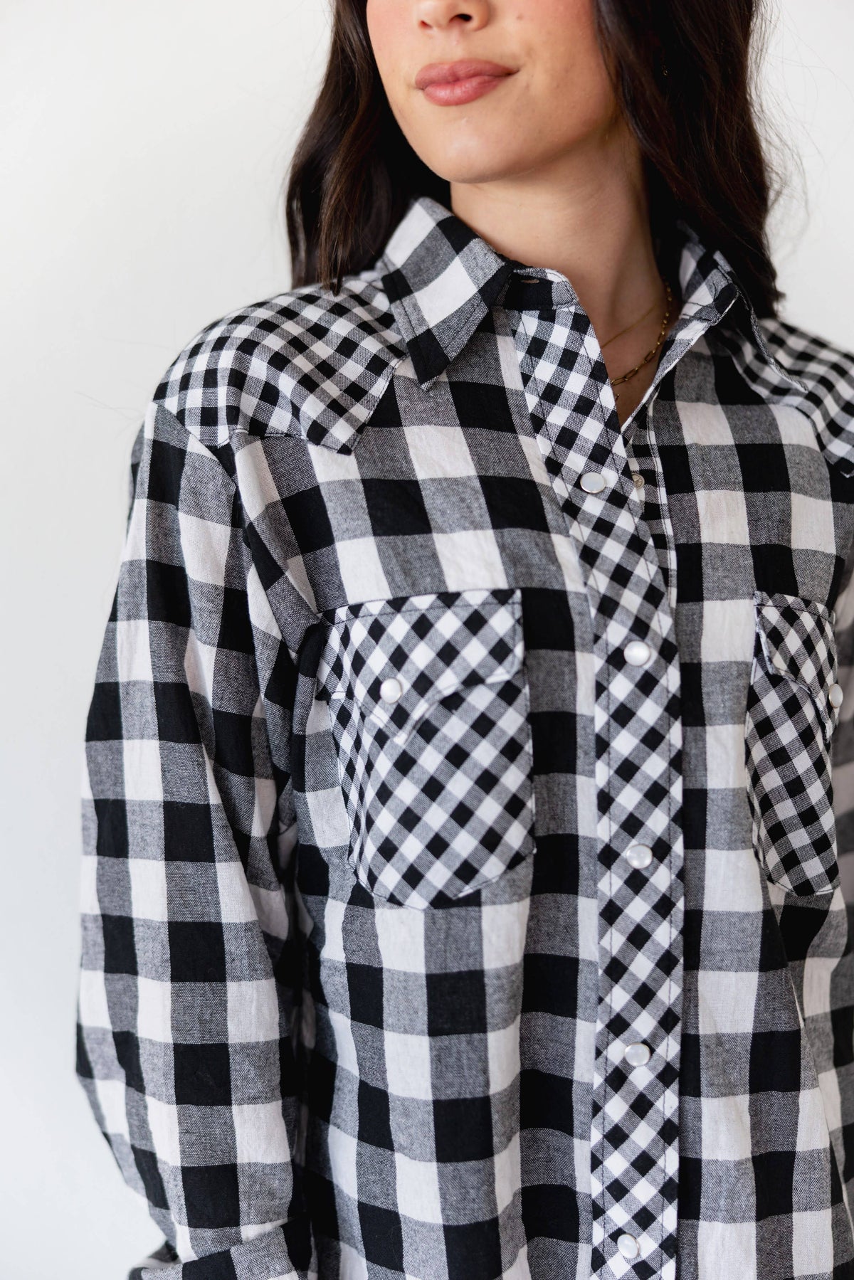Black Gingham Pearl Snap Top