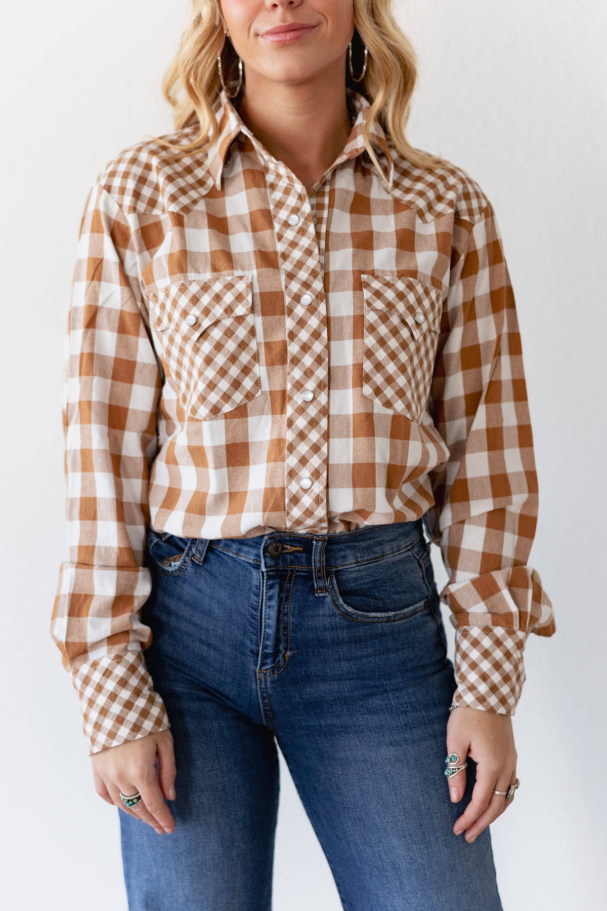 Tan Gingham Pearl Snap Top