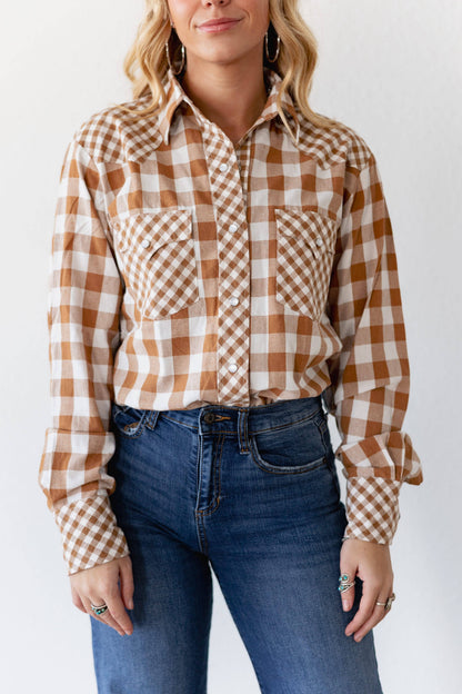 Tan Gingham Pearl Snap Top