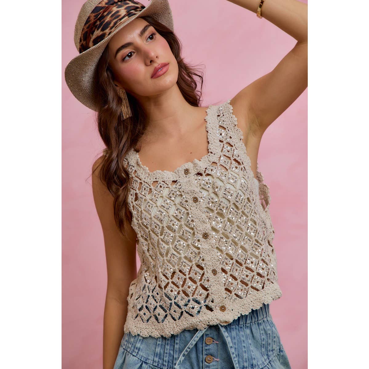Graceful Crochet Sequin Vest
