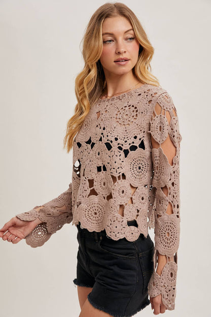 BELL SLEEVED SHEER CROCHET TOP