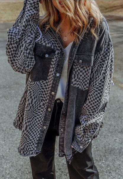 Checkered Hooded Denim Jacket