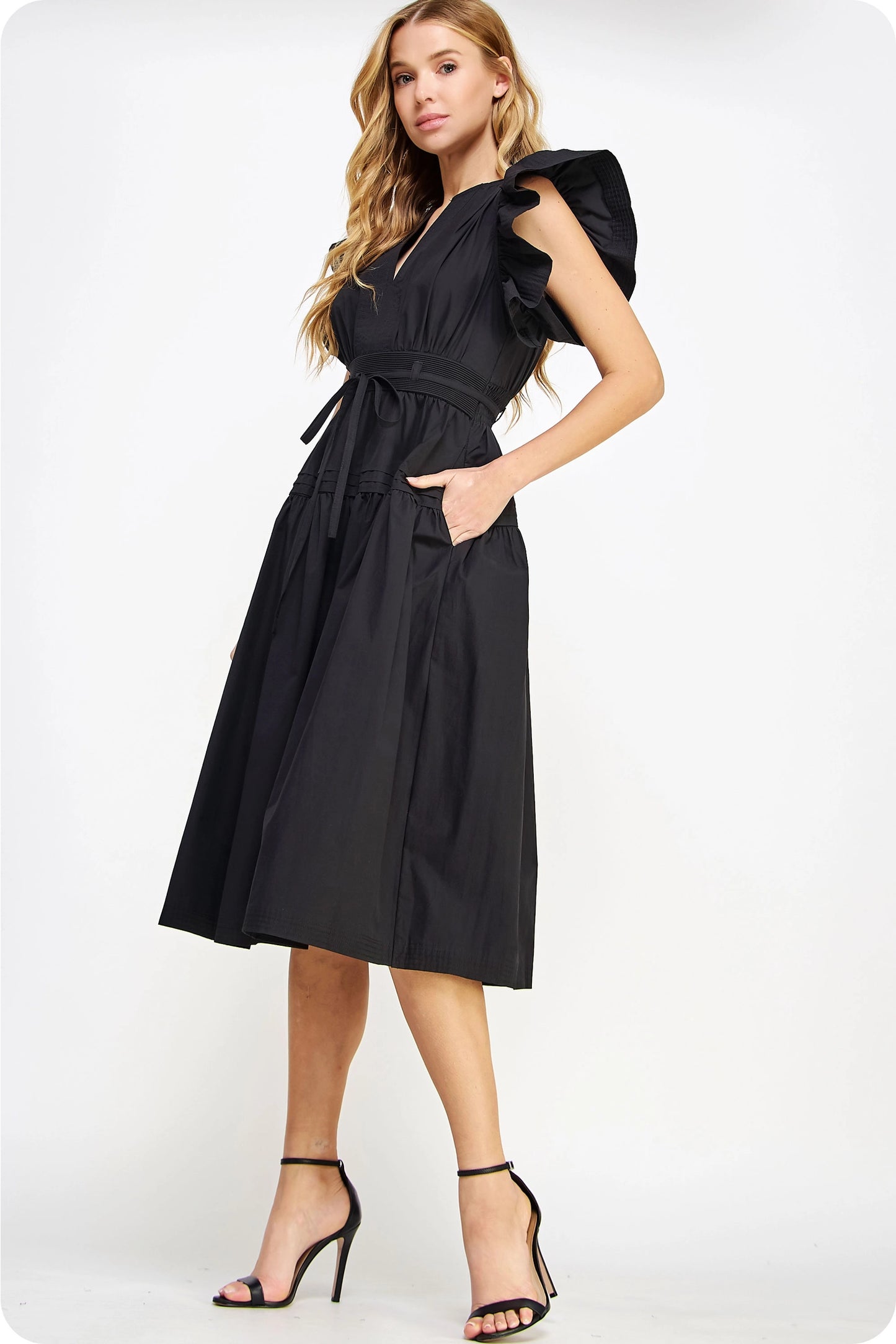 Flutter Sleeve Poplin Midi Dress