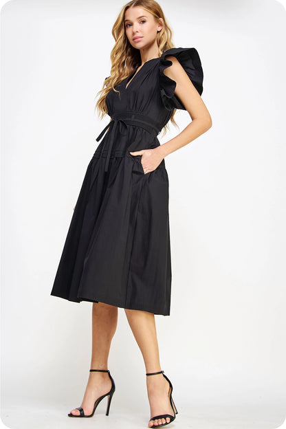 Flutter Sleeve Poplin Midi Dress