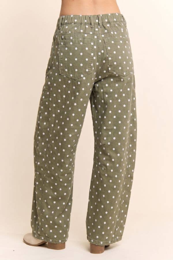 High-Waist Olive Polka Dot Barrel Pants