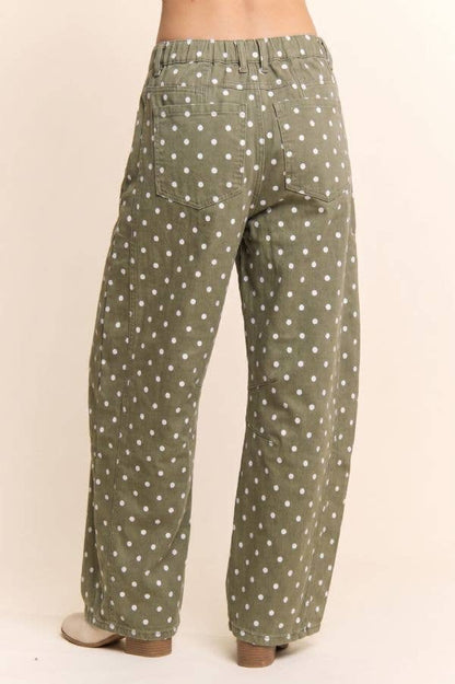 High-Waist Olive Polka Dot Barrel Pants