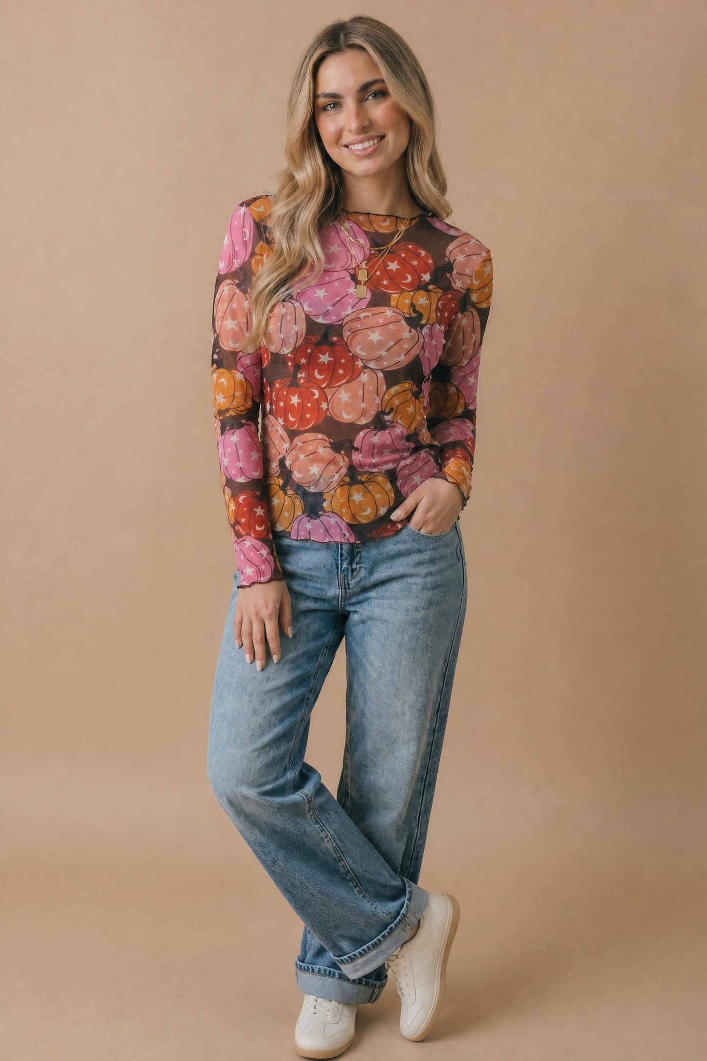 Star and Moon Pumpkin Mesh Top
