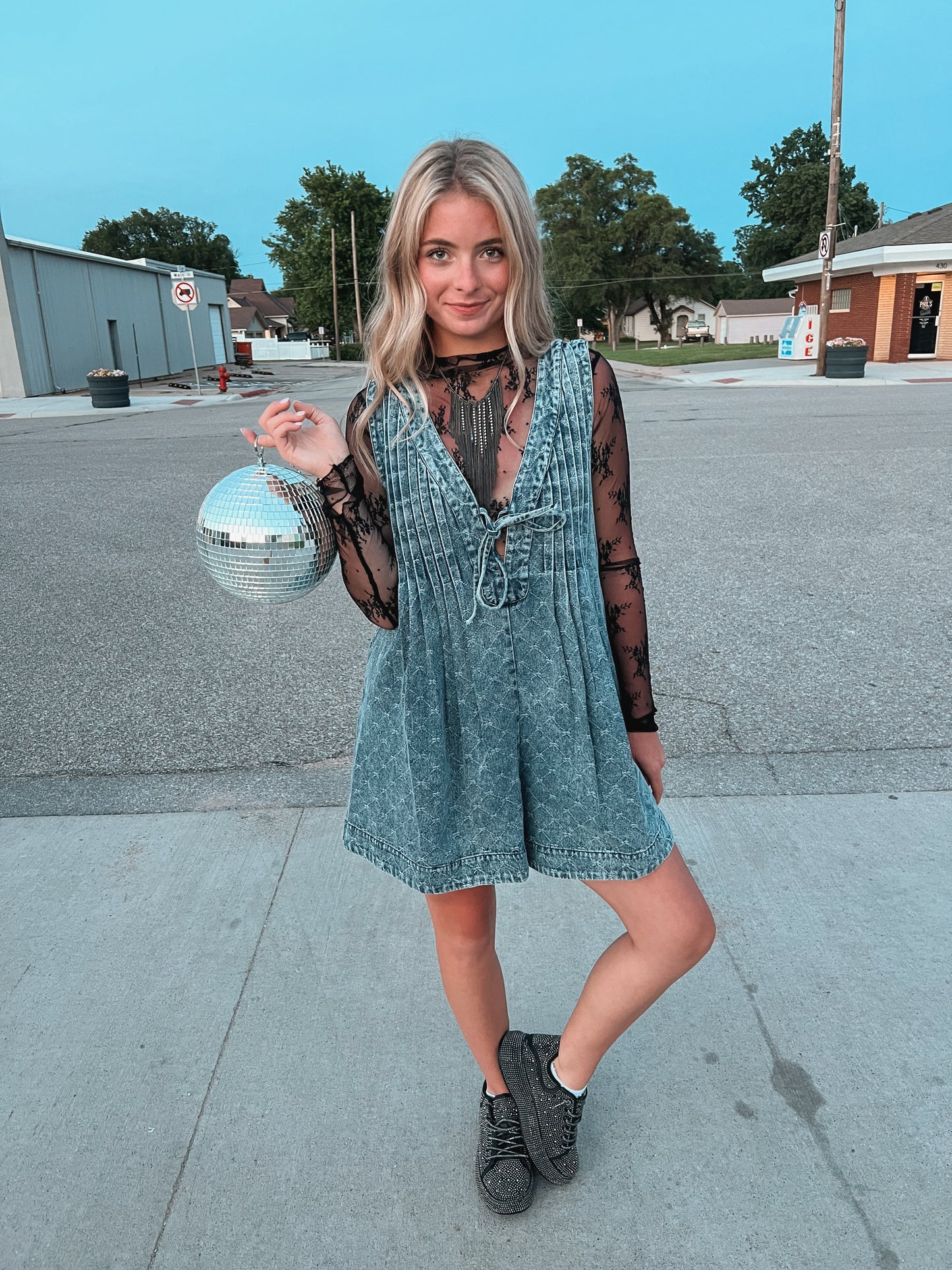 Textured Pattern Denim Romper