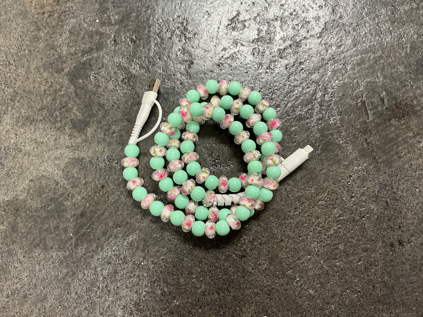 Green Floral Beaded Phone Charger with Lightning & USB-C Cable