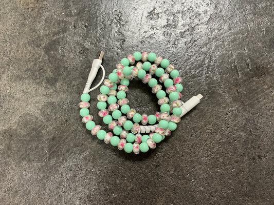Green Floral Beaded Phone Charger with Lightning & USB-C Cable