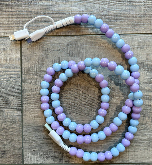 Purple and Blue Beaded Phone Charger with Lightning & USB-C Cable