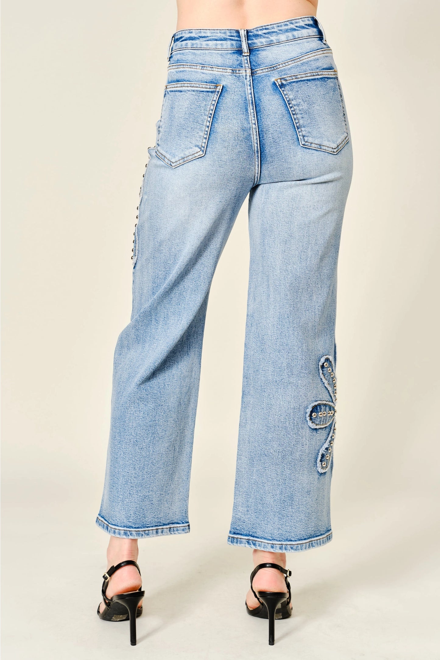 Studded Flower Patch Wide Leg Jeans