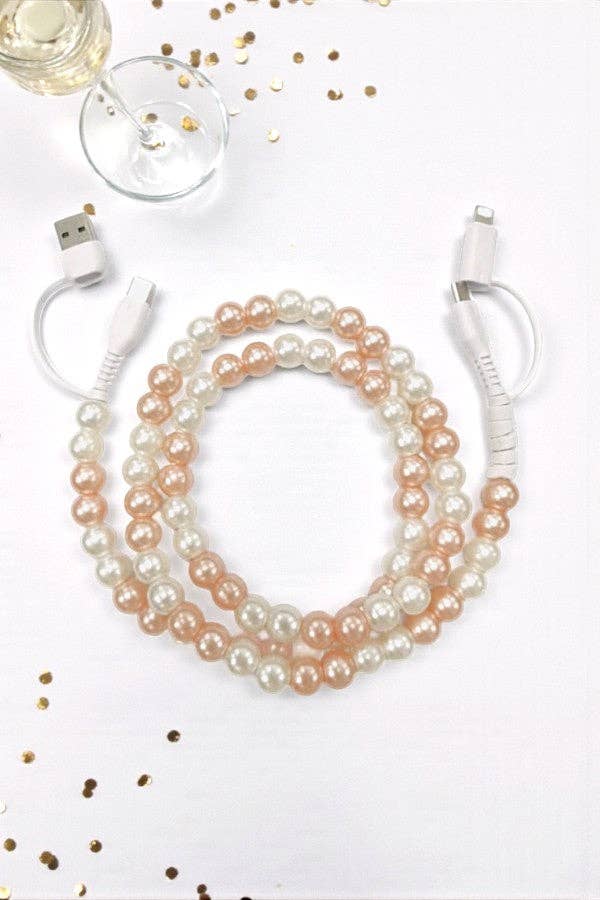 Champagne Pearl Beaded Charging Cord with Lightning & USB-C Cable