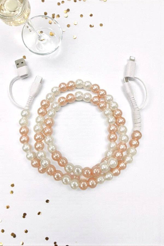 Champagne Pearl Beaded Charging Cord with Lightning & USB-C Cable
