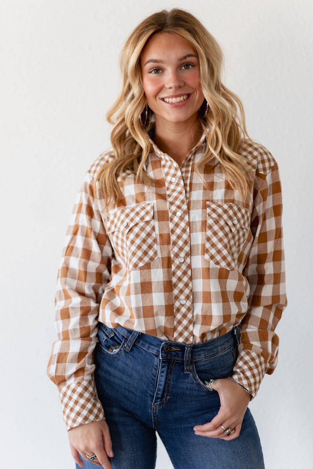 Tan Gingham Pearl Snap Top