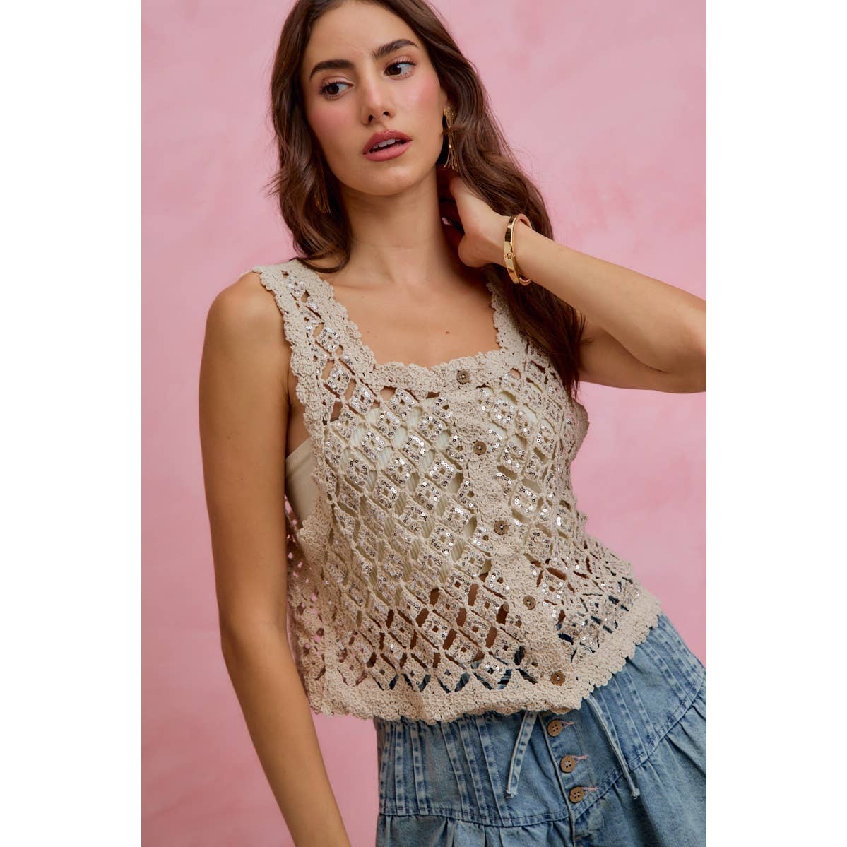 Graceful Crochet Sequin Vest