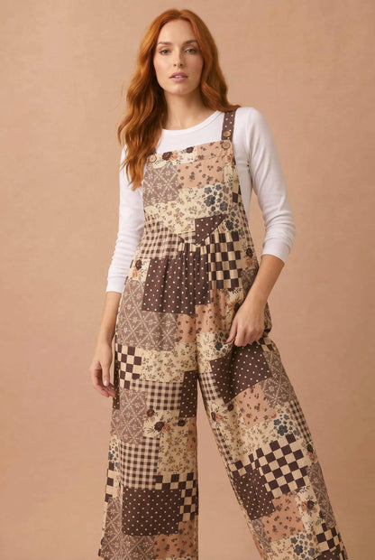 Fall Floral Patchwork Wide Leg Overalls