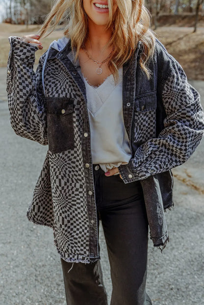 Checkered Hooded Denim Jacket