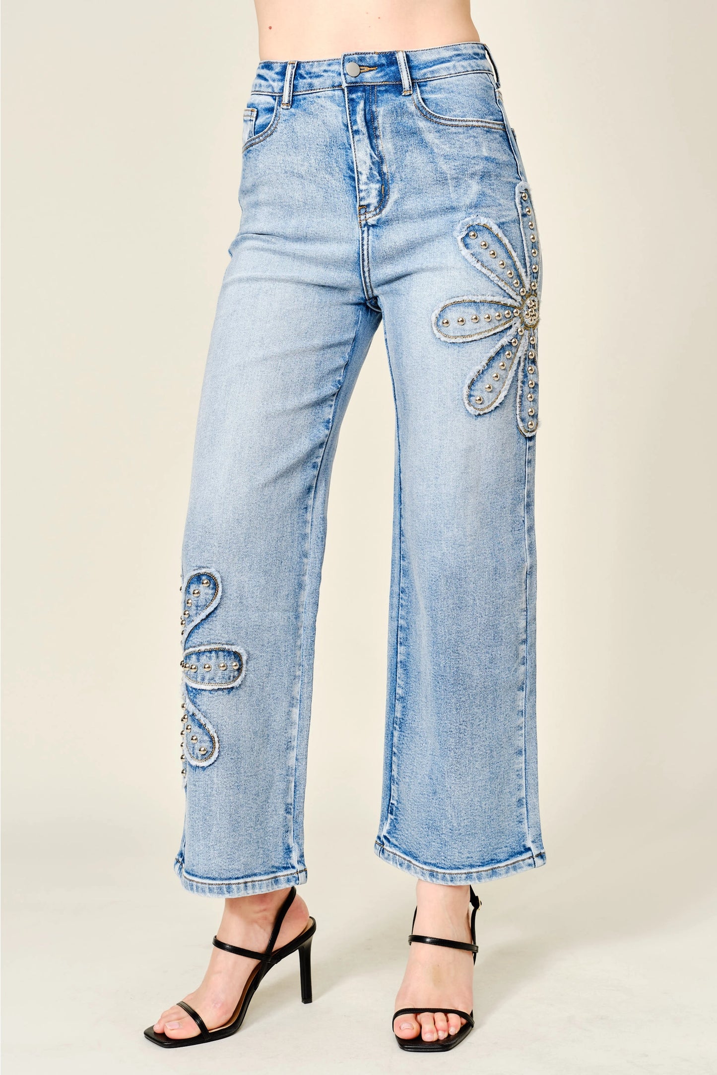 Studded Flower Patch Wide Leg Jeans