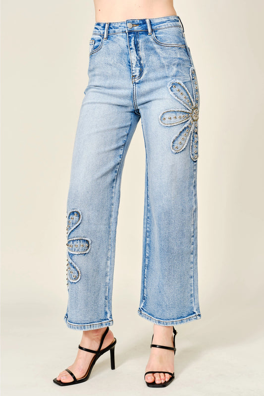 Studded Flower Patch Wide Leg Jeans