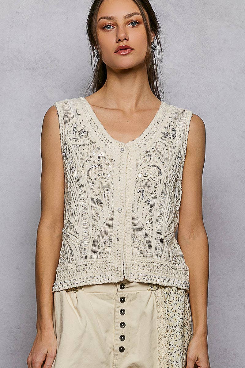 Pearl Stud Embroidery Sequin Vest