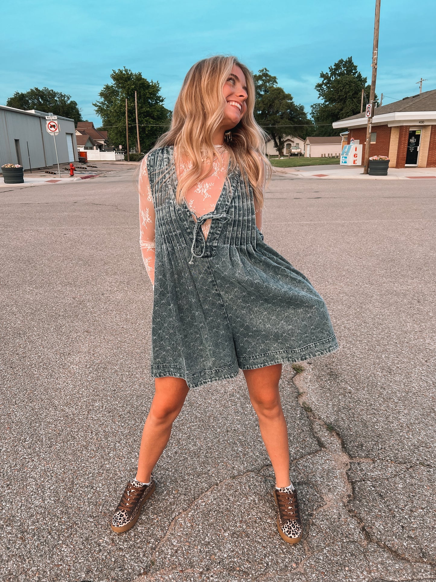 Textured Pattern Denim Romper