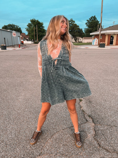 Textured Pattern Denim Romper