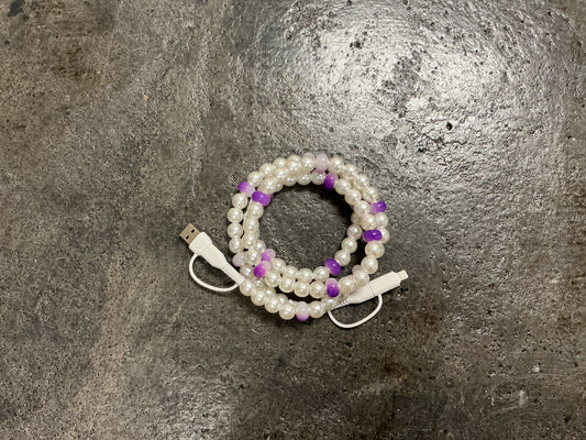 Pearl and Purple Beaded Phone Charger with Lightning & USB-C Cable