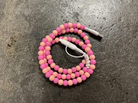 Pink and Peach Beaded Phone Charger with Lightning & USB-C Cable