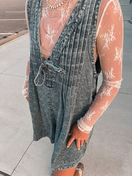 Textured Pattern Denim Romper
