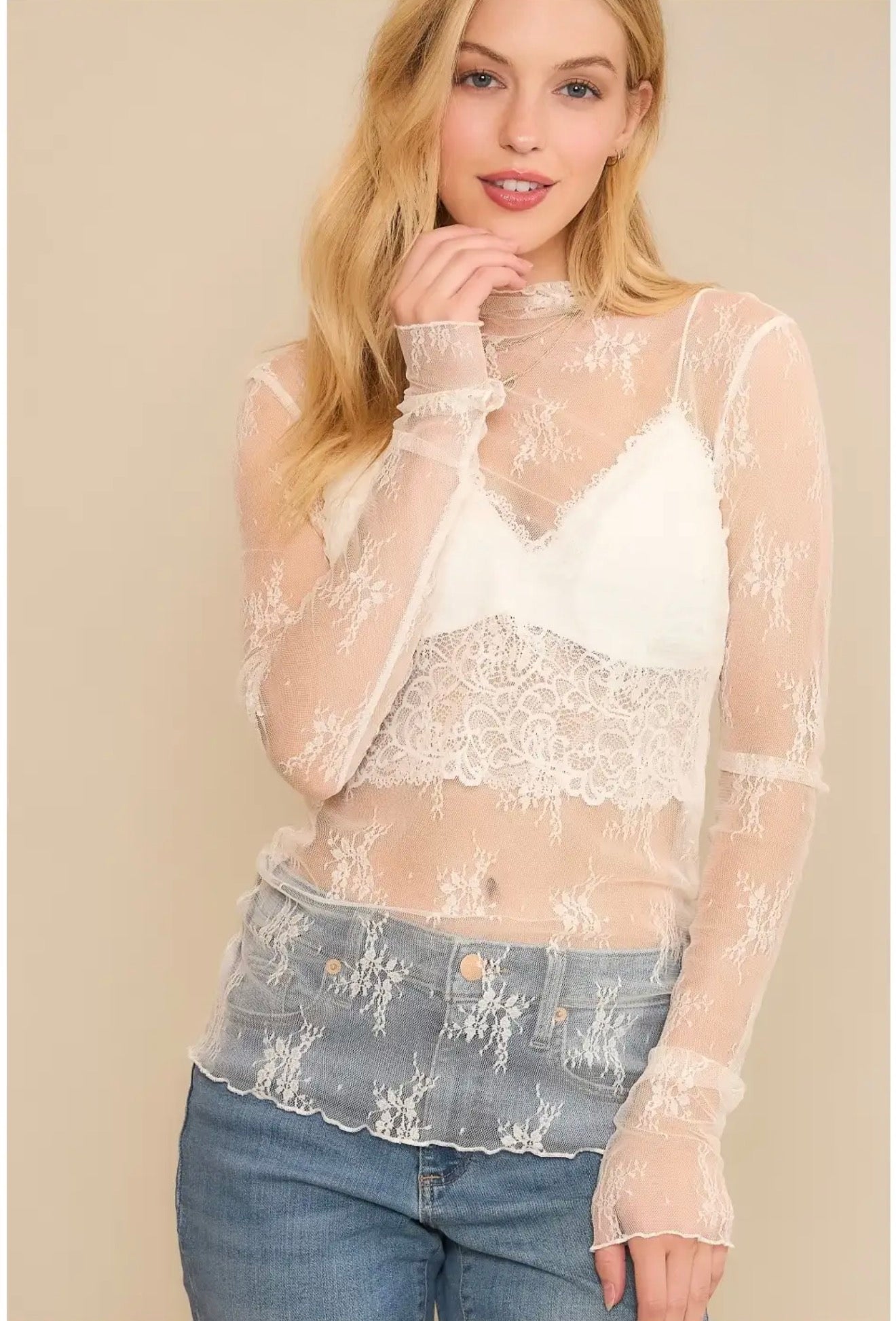 High Neck Long Sleeve Mesh Top