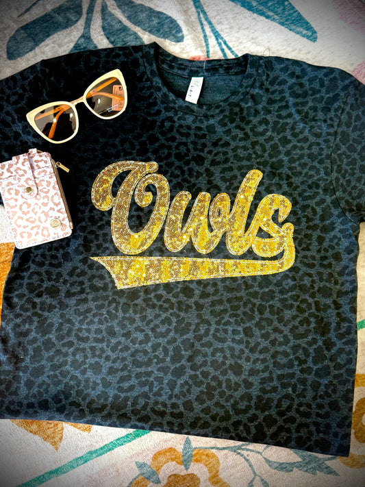 Owls Sequin Game Day Leopard Tee