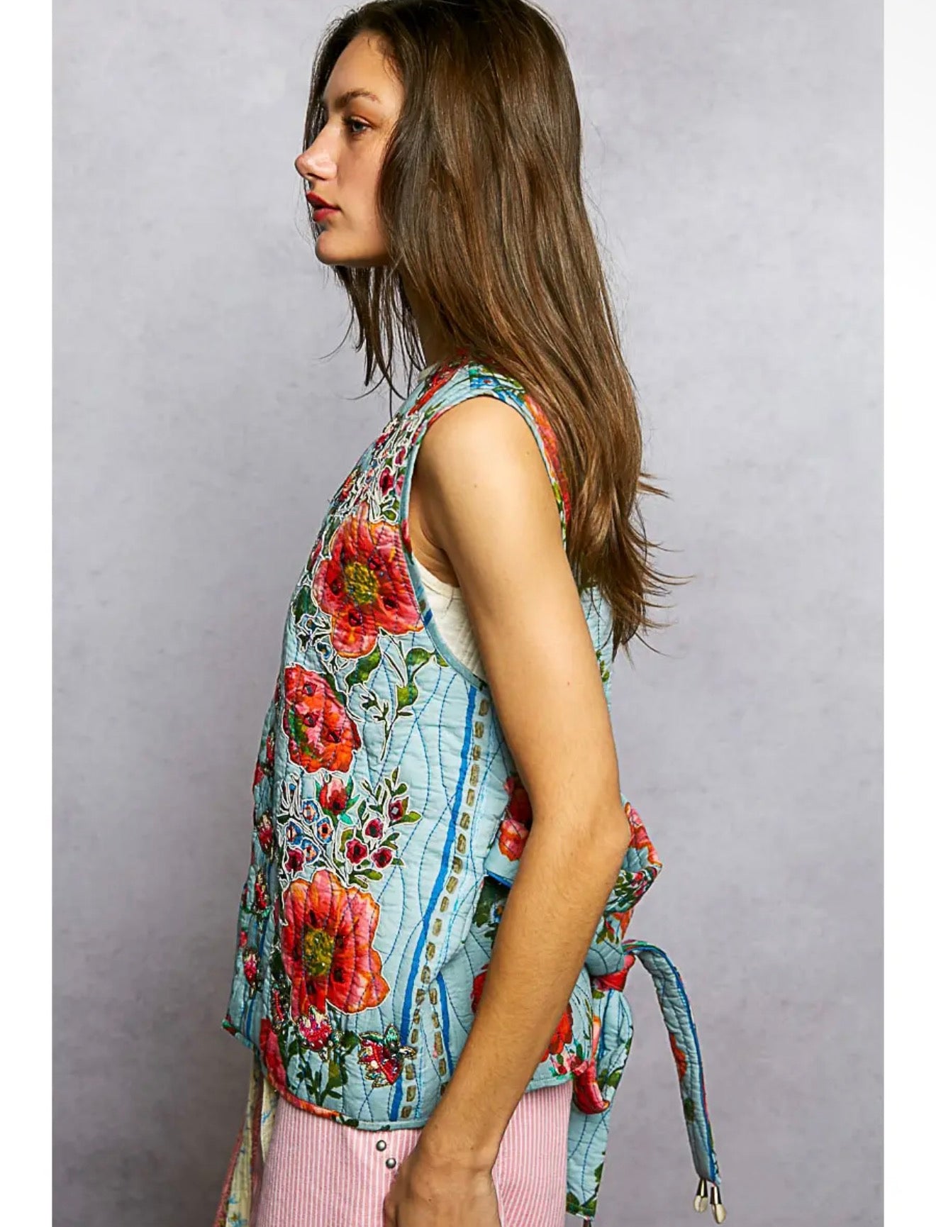 Floral Embroidery Bead Quilted Vest with Waist Belt