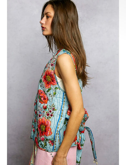 Floral Embroidery Bead Quilted Vest with Waist Belt