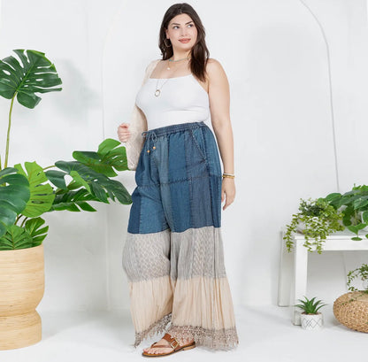 Boho Inspired Long Denim Pants with Solid Patches