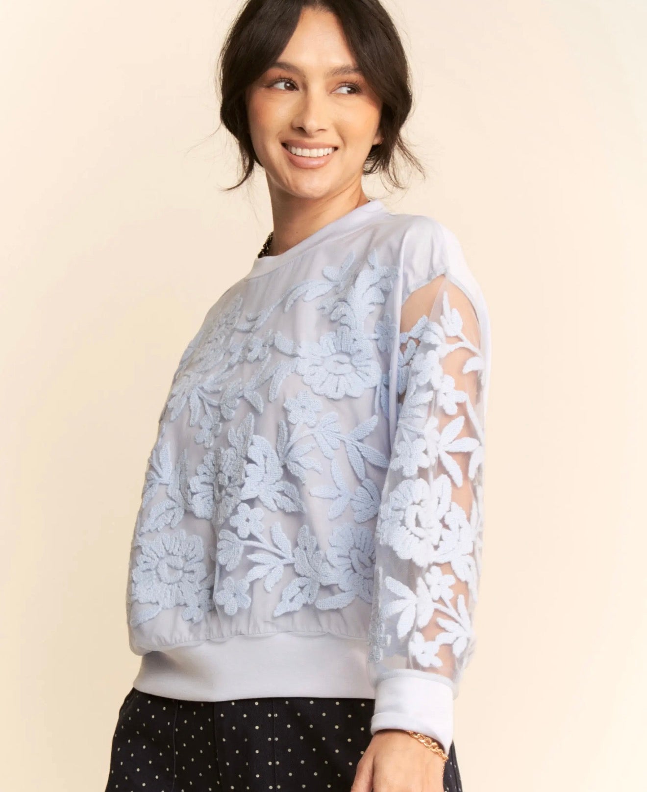Sheer Sleeve Floral Embroidered Sweatshirt￼